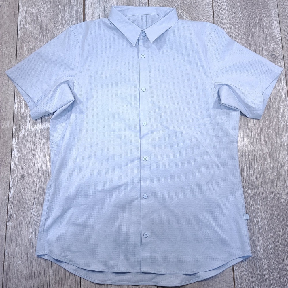 Lululemon Airing Easy Shirt Mens Large Blue Short Sleeve Textured Button Camp